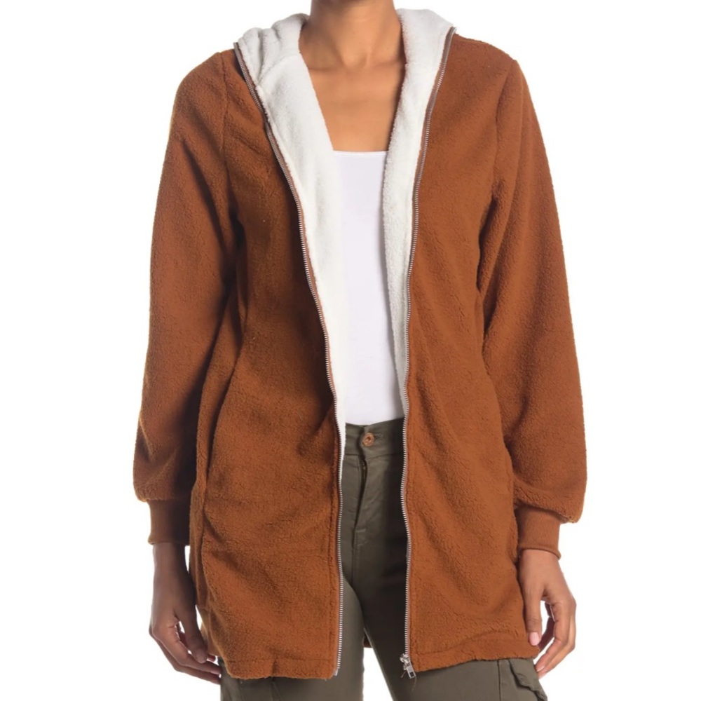 NWT Forgotten Grace by Nordstrom Faux Shearling Hooded Zip Front Cardigan Jacket